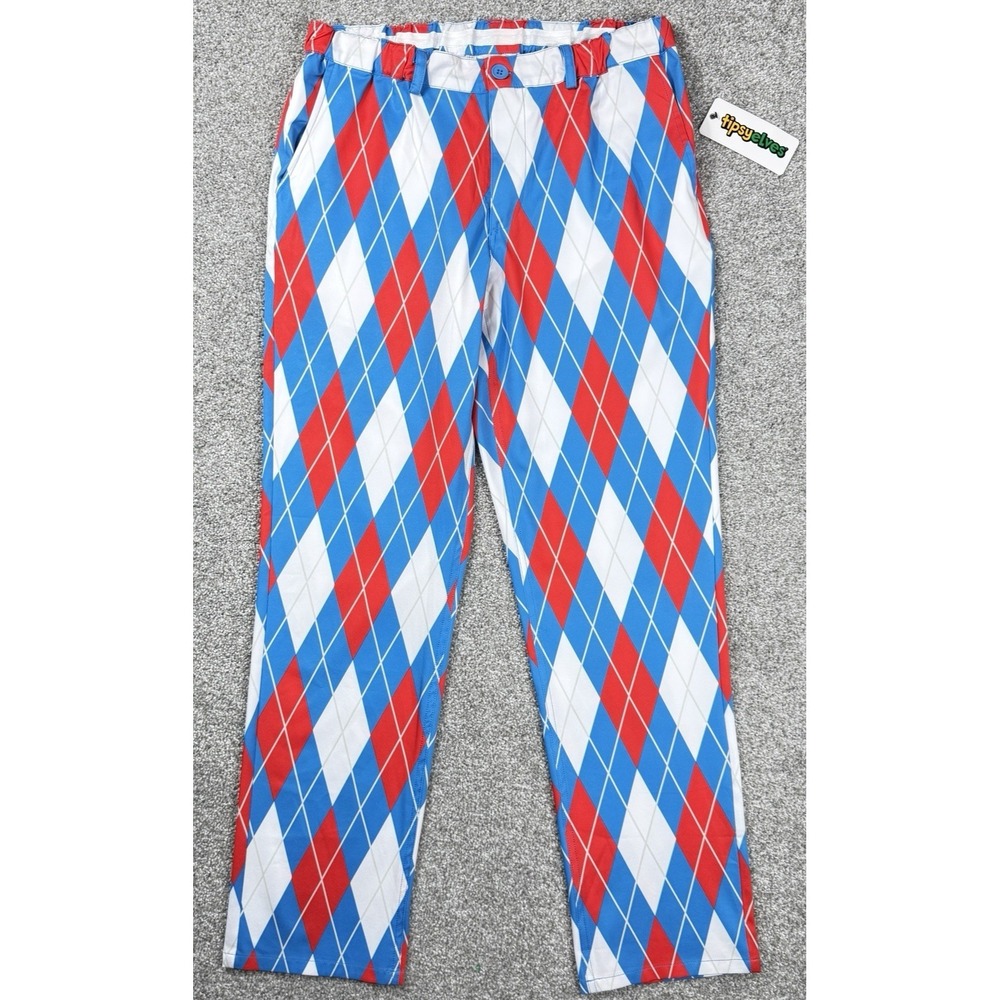 Tipsy Elves Men's American Argyle Golf Pants Red White Blue Patriotic Size L NWT - Picture 2 of 14